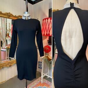 1980s black wool bandage dress backless beaded mock neck ruched 80s body con med